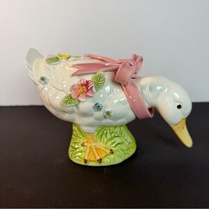 Vintage White Ceramic Duck Figurine Pink Ribbon Bow Floral Taiwan ROC Cottage